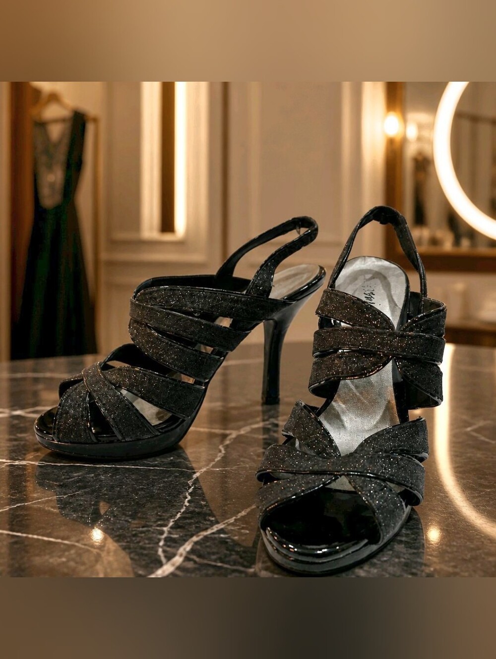 FIONI Night Black Glitter Strappy High Heel Sandals